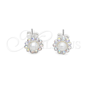 Sterling Silver Stud Earring, Flower Design, with White Crystal, Polished, Silver Finish, 02.406.0018.03