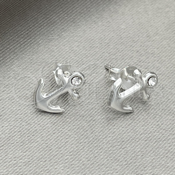 Sterling Silver Ring — Stud Earring Anchor Design with White Crystal Polished — main product view — SKU 151730 | Plata 925 anillo — Stud Earring Anchor diseño with cristal blanco pulido — SKU 151730