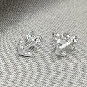 Sterling Silver Ring — Stud Earring Anchor Design with White Crystal Polished — main product view — SKU 151730 | Plata 925 anillo — Stud Earring Anchor diseño with cristal blanco pulido — SKU 151730