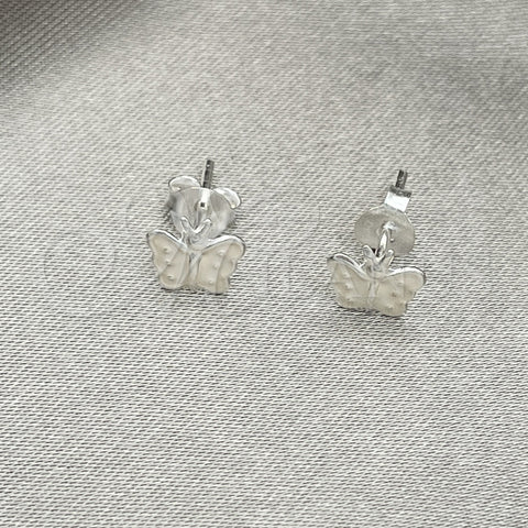 Sterling Silver Stud Earring, Butterfly Design, White Enamel Finish, Silver Finish, 02.406.0025.03
