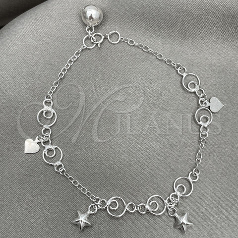 Sterling Silver Charm Bracelet, Star Design, Polished, Silver Finish, 03.409.0009.07 (7 Inches Length)