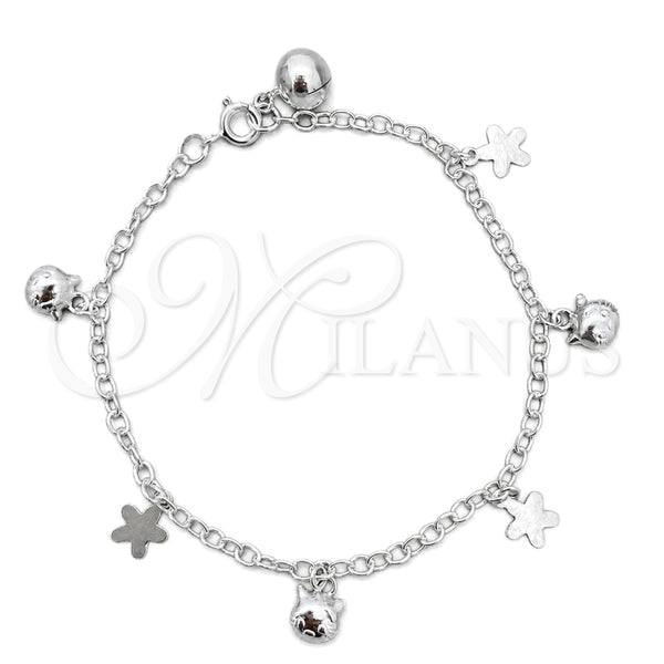 Sterling Silver Charm Bracelet, Cat Design, Polished, Silver Finish, 03.409.0021.07 (7 Inches Length)