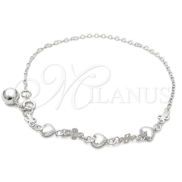 Sterling Silver Charm Anklet , Heart Design, Polished, Silver Finish, 03.409.0029.10 (10 Inches Length)