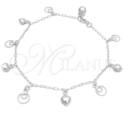 Sterling Silver Charm Anklet, Heart Design, Polished, Silver Finish, 03.409.0031.10 (10 Inches Length) for wholesale, main product view
