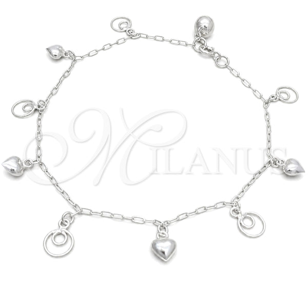 Sterling Silver Charm Anklet , Heart Design, Polished, Silver Finish, 03.409.0031.10 (10 Inches Length)