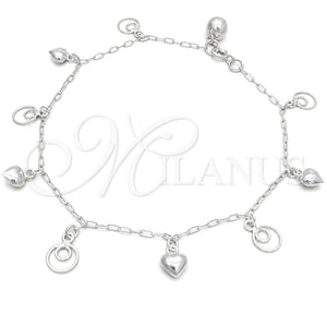 Sterling Silver Charm Anklet , Heart Design, Polished, Silver Finish, 03.409.0031.10 (10 Inches Length)