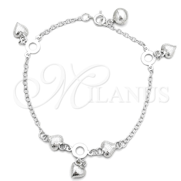 Sterling Silver Charm Bracelet, Heart Design, Polished, Silver Finish, 03.397.0007.07 (7 Inches Length)