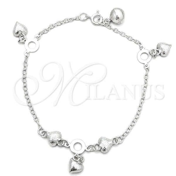 Sterling Silver Charm Bracelet, Heart Design, Polished, Silver Finish, 03.397.0007.07 (7 Inches Length)