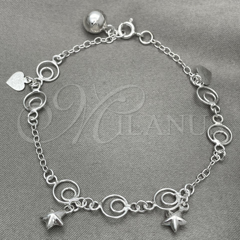 Sterling Silver Charm Bracelet, Star Design, Polished, Silver Finish, 03.397.0011.07 (7 Inches Length)