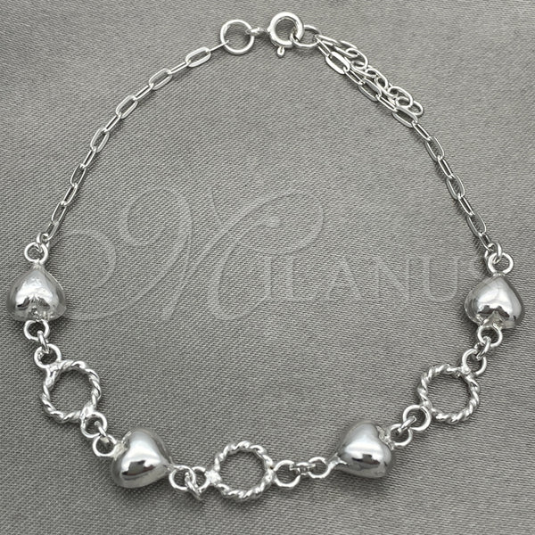 Sterling Silver Fancy Bracelet, Heart Design, Polished, Silver Finish, 03.407.0002.07 (7 Inches Length)