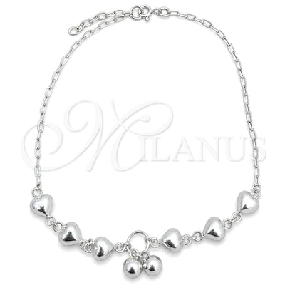 Sterling Silver Charm Anklet, Heart Design, Polished, Silver Finish, 03.407.0006.10 (10 Inches Length) for wholesale, main product view