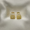 Oro Laminado Stud Earring, Gold Filled Style Purse Design, with Ivory Pearl and White Crystal, Polished, Golden Finish, 02.379.0036