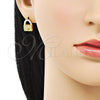 Oro Laminado Stud Earring, Gold Filled Style Purse Design, with Ivory Pearl and White Crystal, Polished, Golden Finish, 02.379.0036