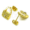 Oro Laminado Stud Earring, Gold Filled Style Purse Design, with Ivory Pearl and White Crystal, Polished, Golden Finish, 02.379.0036