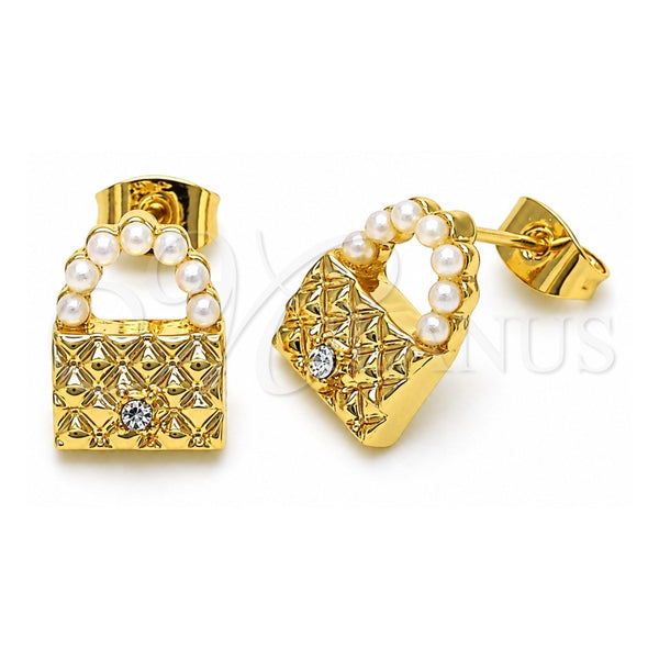 Oro Laminado Stud Earring, Gold Filled Style Purse Design, with Ivory Pearl and White Crystal, Polished, Golden Finish, 02.379.0036