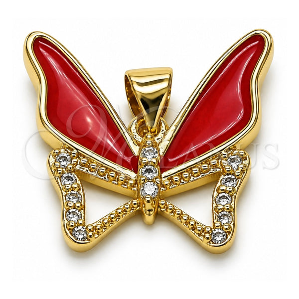 Oro Laminado Fancy Pendant, Gold Filled Style Butterfly Design, with White Micro Pave, Red Enamel Finish, Golden Finish, 05.381.0015.1