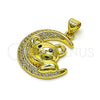 Oro Laminado Fancy Pendant, Gold Filled Style Kohala and Moon Design, with White and Black Micro Pave, Polished, Golden Finish, 05.381.0018