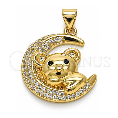 Oro Laminado Fancy Pendant, Gold Filled Style Kohala and Moon Design, with White and Black Micro Pave, Polished, Golden Finish, 05.381.0018