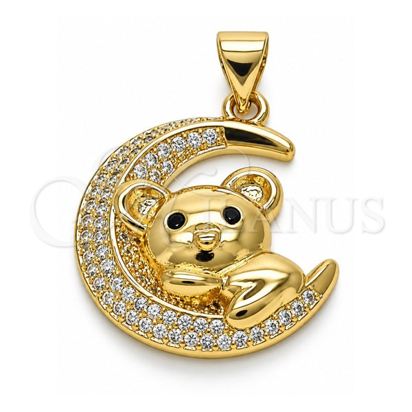 Oro Laminado Fancy Pendant, Gold Filled Style Kohala and Moon Design, with White and Black Micro Pave, Polished, Golden Finish, 05.381.0018