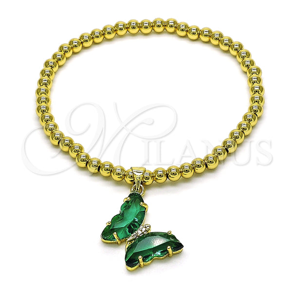 Oro Laminado Fancy Bracelet, Gold Filled Style Expandable Bead and Butterfly Design, with Emerald Crystal and White Micro Pave, Polished, Golden Finish, 03.341.0112.4.07 (04 MM Thickness, 7 Inches Length)