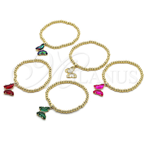 Oro Laminado Fancy Bracelet, Gold Filled Style Expandable Bead and Butterfly Design, with Emerald Crystal and White Micro Pave, Polished, Golden Finish, 03.341.0112.4.07 (04 MM Thickness, 7 Inches Length)