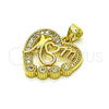Oro Laminado Fancy Pendant, Gold Filled Style Heart and Mom Design, with White Cubic Zirconia, Polished, Golden Finish, 05.341.0065