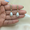 Oro Laminado Long Earring, Gold Filled Style Teardrop Design, with Ivory Pearl and White Cubic Zirconia, Polished, Golden Finish, 02.387.0111