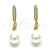 Oro Laminado Long Earring, Gold Filled Style Teardrop Design, with Ivory Pearl and White Cubic Zirconia, Polished, Golden Finish, 02.387.0111