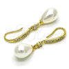 Oro Laminado Long Earring, Gold Filled Style Teardrop Design, with Ivory Pearl and White Cubic Zirconia, Polished, Golden Finish, 02.387.0111
