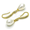 Oro Laminado Long Earring, Gold Filled Style Teardrop Design, with Ivory Pearl and White Cubic Zirconia, Polished, Golden Finish, 02.387.0111