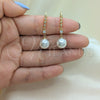Oro Laminado Long Earring, Gold Filled Style Ball Design, with Ivory Pearl and White Micro Pave, Polished, Golden Finish, 02.387.0112
