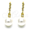 Oro Laminado Long Earring, Gold Filled Style Ball Design, with Ivory Pearl and White Micro Pave, Polished, Golden Finish, 02.387.0112