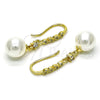 Oro Laminado Long Earring, Gold Filled Style Ball Design, with Ivory Pearl and White Micro Pave, Polished, Golden Finish, 02.387.0112