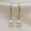 Oro Laminado Long Earring, Gold Filled Style Ball Design, with Ivory Pearl and White Micro Pave, Polished, Golden Finish, 02.387.0112