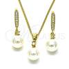 Oro Laminado Earring and Pendant Adult Set, Gold Filled Style Ball Design, with Ivory Pearl and White Cubic Zirconia, Polished, Golden Finish, 10.387.0013