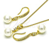 Oro Laminado Earring and Pendant Adult Set, Gold Filled Style Ball Design, with Ivory Pearl and White Cubic Zirconia, Polished, Golden Finish, 10.387.0013