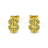 Oro Laminado Stud Earring, Gold Filled Style Money Sign Design, with White Micro Pave, Polished, Golden Finish, 02.342.0235