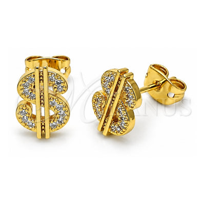 Oro Laminado Stud Earring, Gold Filled Style Money Sign Design, with White Micro Pave, Polished, Golden Finish, 02.342.0235