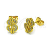 Oro Laminado Stud Earring, Gold Filled Style Money Sign Design, with White Micro Pave, Polished, Golden Finish, 02.342.0235