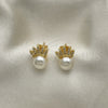 Oro Laminado Stud Earring, Gold Filled Style Crown Design, with Ivory Pearl and White Micro Pave, Polished, Golden Finish, 02.342.0239