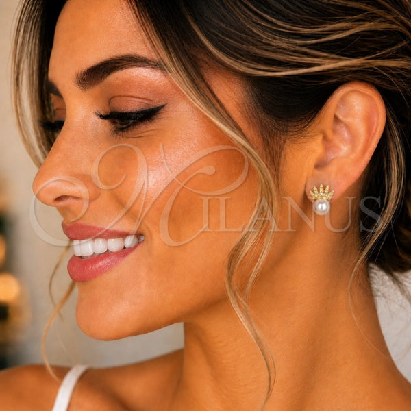 Gold Filled Ring — Stud Earring Crown Design with Ivory Pearl and — alternate product view — SKU 151902 | Oro Laminado anillo — Stud Earring Crown diseño with Ivory Pearl and — SKU 151902