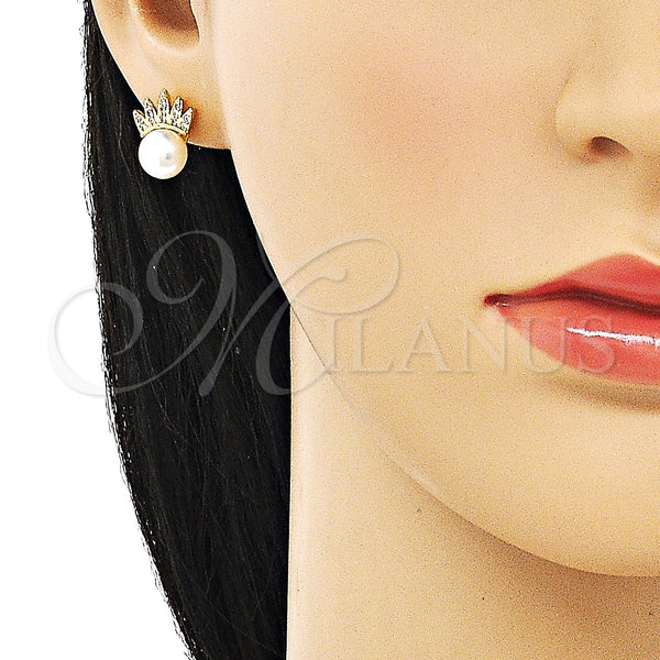 Oro Laminado Stud Earring, Gold Filled Style Crown Design, with Ivory Pearl and White Micro Pave, Polished, Golden Finish, 02.342.0239