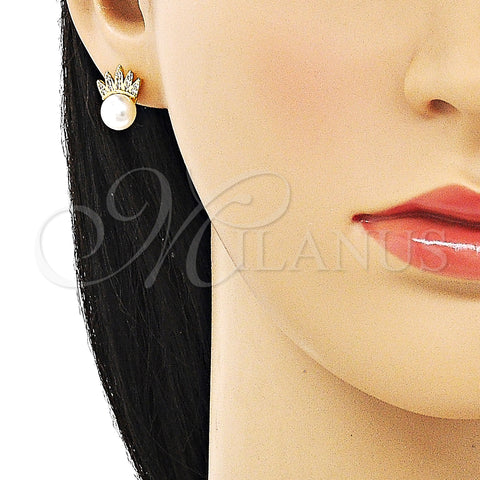 Oro Laminado Stud Earring, Gold Filled Style Crown Design, with Ivory Pearl and White Micro Pave, Polished, Golden Finish, 02.342.0239