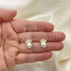 Oro Laminado Stud Earring, Gold Filled Style Crown Design, with Ivory Pearl and White Micro Pave, Polished, Golden Finish, 02.342.0239