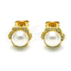 Oro Laminado Stud Earring, Gold Filled Style with Ivory Pearl and White Micro Pave, Polished, Golden Finish, 02.342.0245
