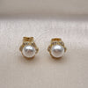 Oro Laminado Stud Earring, Gold Filled Style with Ivory Pearl and White Micro Pave, Polished, Golden Finish, 02.342.0245