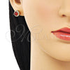 Oro Laminado Stud Earring, Gold Filled Style Cluster and Greek Key Design, with Garnet Cubic Zirconia and White Micro Pave, Polished, Golden Finish, 02.342.0200.1