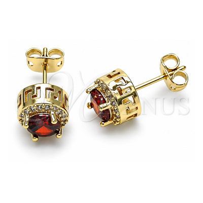 Oro Laminado Stud Earring, Gold Filled Style Cluster and Greek Key Design, with Garnet Cubic Zirconia and White Micro Pave, Polished, Golden Finish, 02.342.0200.1