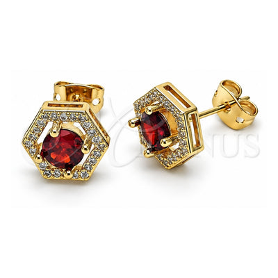 Oro Laminado Stud Earring, Gold Filled Style with Garnet Cubic Zirconia and White Micro Pave, Polished, Golden Finish, 02.342.0204.1