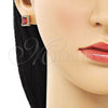 Oro Laminado Stud Earring, Gold Filled Style with Garnet Cubic Zirconia and White Micro Pave, Polished, Golden Finish, 02.342.0206.1